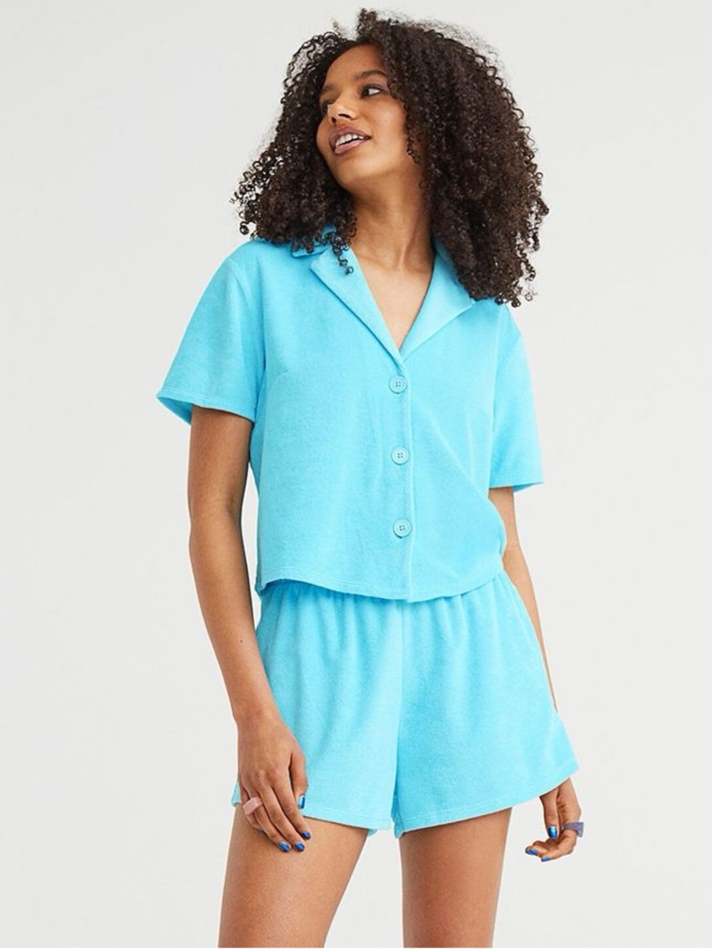 H&M Women’s Cropped Terry Resort Shirt in Turquoise Blue Size Large